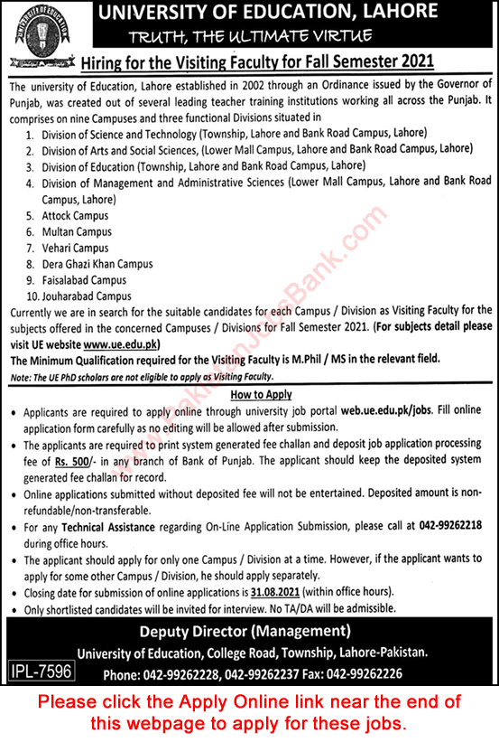 Visiting Faculty Jobs in University of Education August 2021 UOE Apply Online Latest