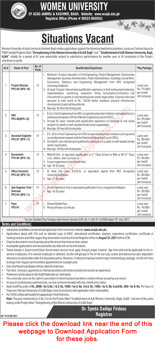 Women University AJK Jobs 2021 August Application Form Sub Engineer & Others Latest