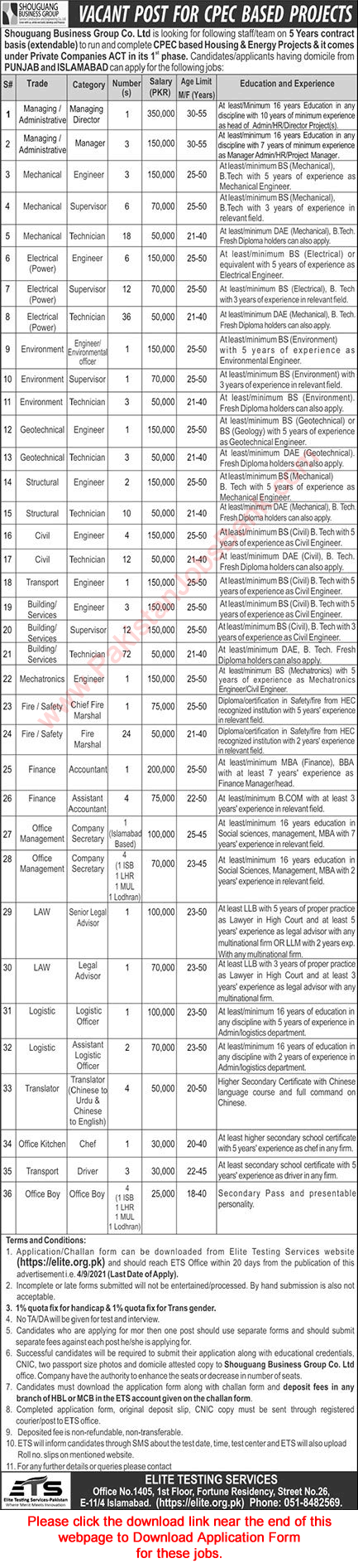 Shouguang Business Group Jobs 2021 August ETS Application Form CPEC Based Project Latest