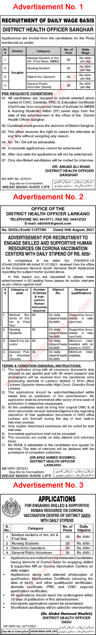 Health Department Sindh Jobs August 2021 Medical / Nursing Students & Others Latest