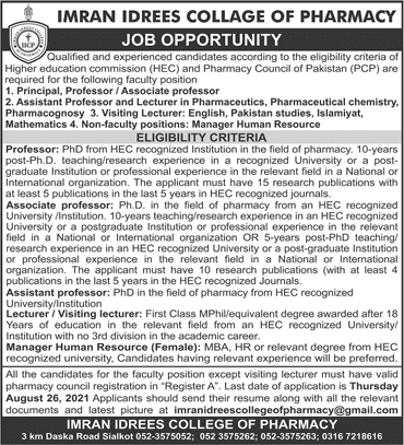 Imran Idrees College of Pharmacy Sialkot Jobs 2021 August Teaching Faculty & Others Latest
