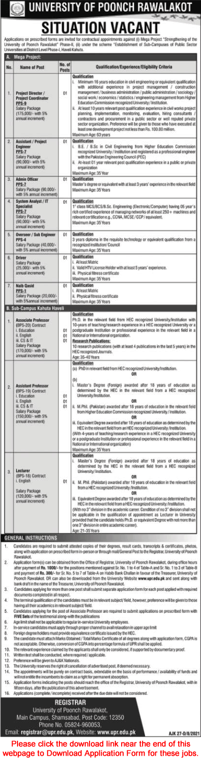 University of Poonch Rawalakot Jobs August 2021 Application Form Teaching Faculty & Others Latest