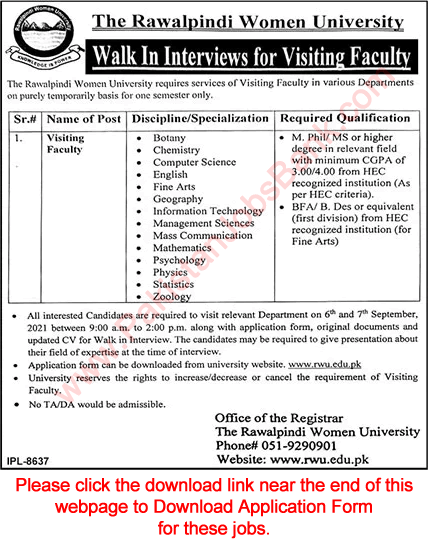 Visiting Faculty Jobs in Rawalpindi Women University August 2021 Application Form Walk In Interview Latest