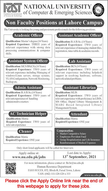 FAST National University Lahore Jobs September 2021 Apply Online Lab Assistants & Others Latest