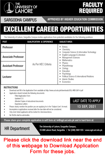 University of Lahore Sargodha Campus Jobs September 2021 Application Form UOL Teaching Faculty Latest