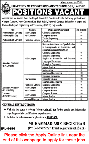 Teaching Faculty Jobs in UET September 2021 Apply Online University of Engineering and Technology Latest