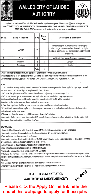 Walled City of Lahore Authority Jobs September 2021 NTS Apply Online WCLA Latest