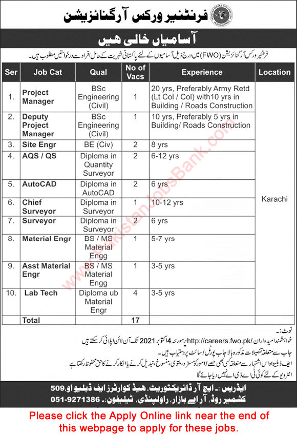 FWO Jobs September 2021 Apply Online Site Engineer, Lab Technicians & Others Frontier Works Organization Latest