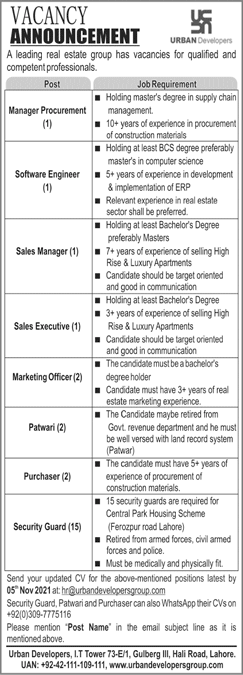 Urban Developers Lahore Jobs October 2021 Security Guards & Others Latest