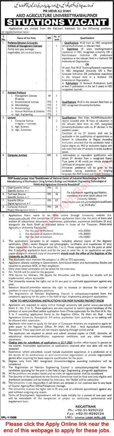 Arid Agriculture University Rawalpindi Jobs October 2021 PMAS UAAR Online Application Form Latest