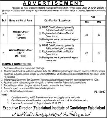 Women / Medical Officer Jobs in Faisalabad Institute of Cardiology October 2021 FIC Latest