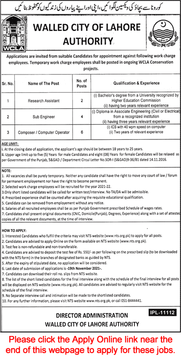 Walled City of Lahore Authority Jobs October 2021 November NTS Apply Online WCLA Latest