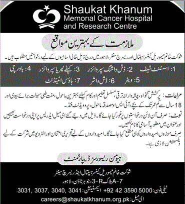 Shaukat Khanum Hospital Lahore Jobs November 2021 Chef, Cafeteria Supervisor & Others SKMCH&RC Latest