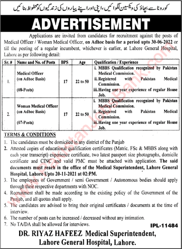 Women / Medical Officer Jobs in Lahore General Hospital 2021 November Latest