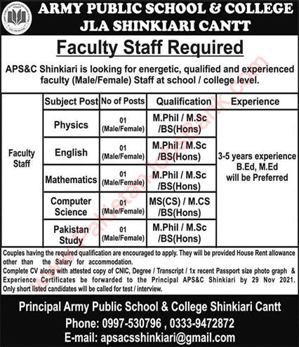 Army Public School and College Shinkiari Cantt Jobs 2021 November Teaching Faculty APS&C Latest