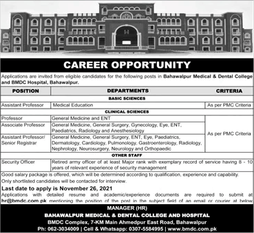 Bahawalpur Medical and Dental College Jobs November 2021 BMDC Teaching Hospital Latest