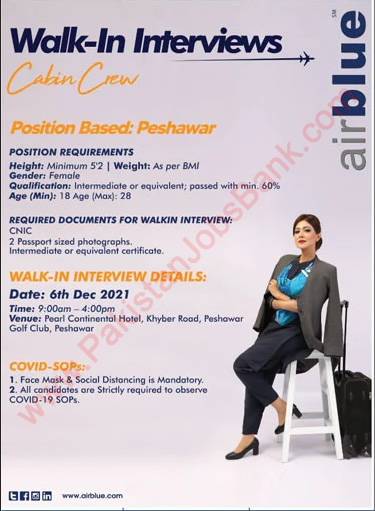 Airhostess Jobs in Air Blue November 2021 December Walk in Interview Female Cabin Crew Latest