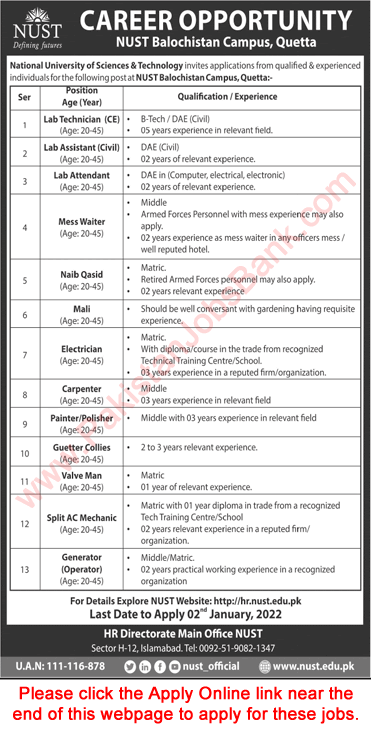 NUST University Quetta Jobs December 2021 Apply Online National University of Science and Technology Latest