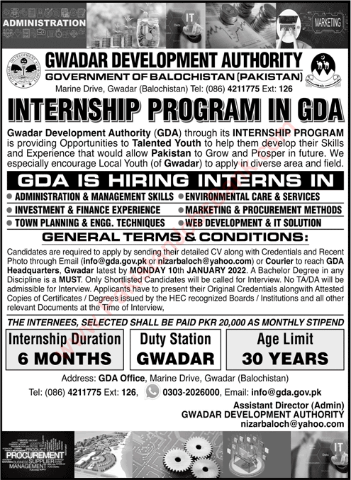 Gwadar Development Authority Internship Program December 2021 / 2022 GDA Latest