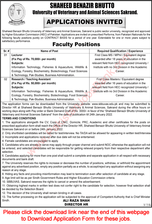 Shaheed Benazir Bhutto University of Veterinary & Animal Sciences Sakrand Jobs December 2021 / 2022 Application Form Latest