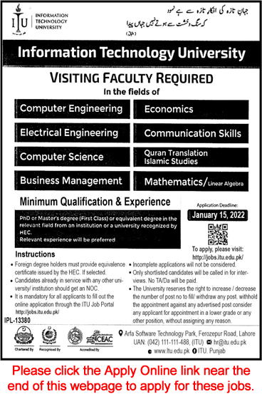 Visiting Faculty Jobs in Information Technology University Lahore December 2021 / 2022 ITU Apply Online Latest