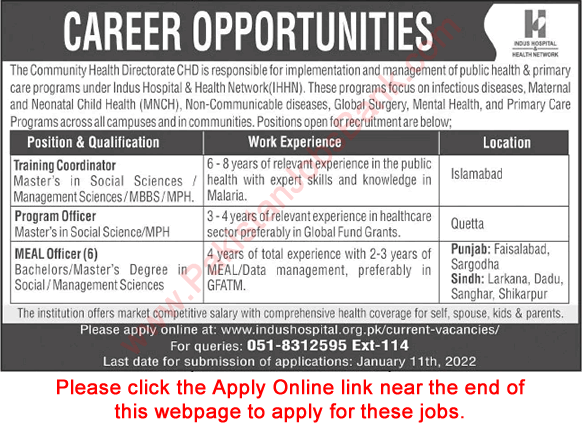 Indus Hospital Jobs 2022 Apply Online MEAL Officers & Others Community Health Directorate Latest