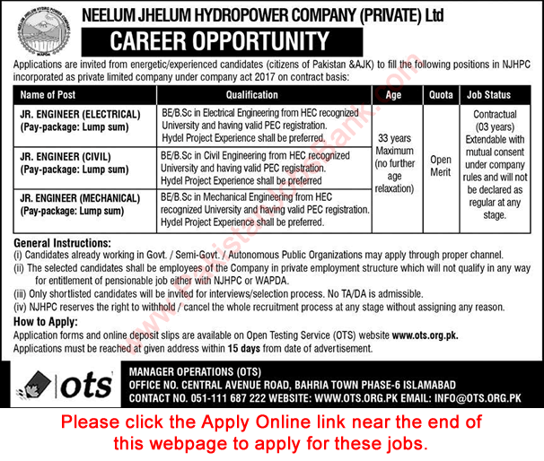 Junior Engineer Jobs in Neelum Jhelum Hydropower Company 2022 OTS Online Application Form NJHPC Latest