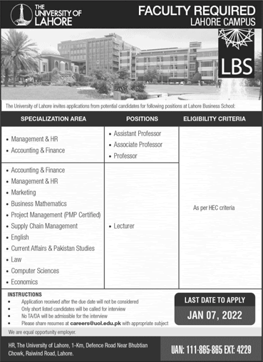 Teaching Faculty Jobs in University of Lahore 2022 UOL Latest