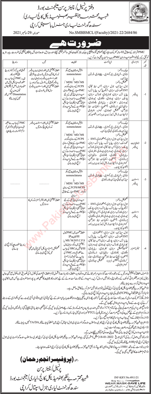 Teaching Faculty Jobs in Shaheed Mohtarma Benazir Bhutto Medical College Karachi 2022 Lyari Latest