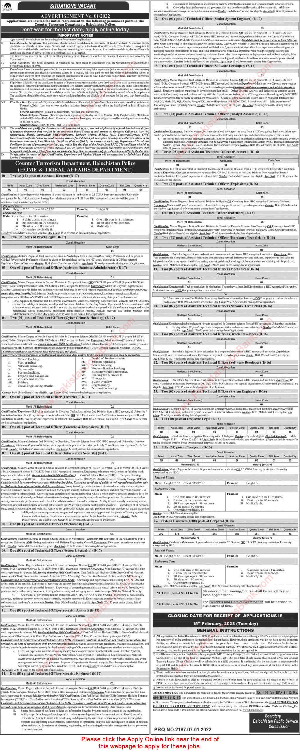 Balochistan Police Jobs 2022 January CTD Apply Online BPSC Advertisement No 01/2022 Latest
