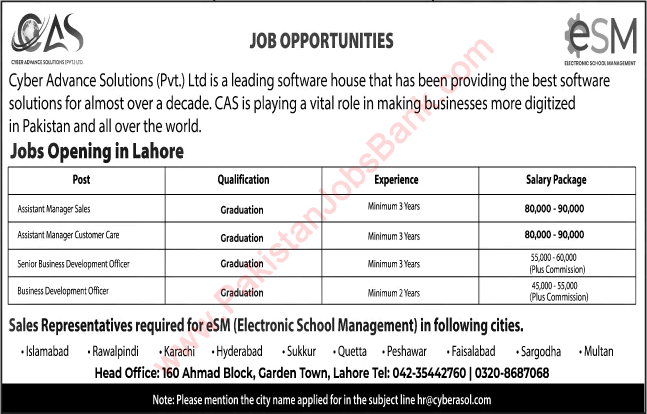 Cyber Advance Solutions Pvt Ltd Lahore Jobs 2022 Sales Representatives & Others Latest