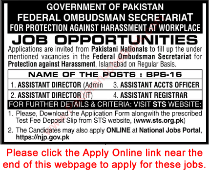 Federal Ombudsman Secretariat Jobs 2022 STS Apply Online Assistant Directors & Others Latest
