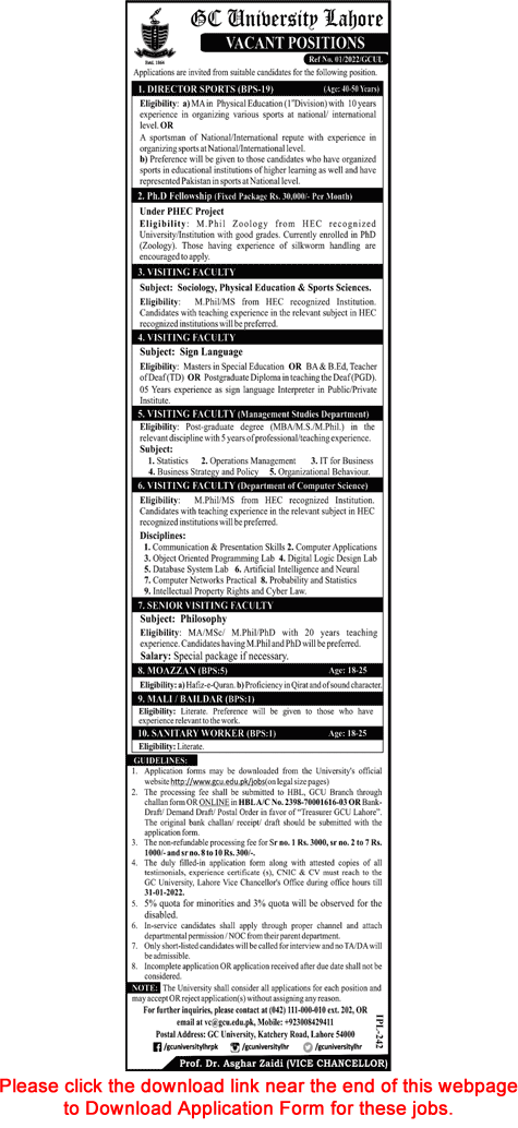 GC University Lahore Jobs 2022 Application Form Government College University Visiting Faculty & Others Latest