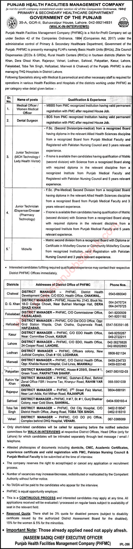 Punjab Health Facilities Management Company Jobs 2022 PHFMC Walk In Interview Medical Officers, Technicians & Others Latest