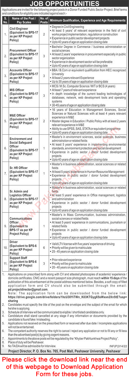 PO Box 765 Post Mall University of Peshawar Jobs 2022 Application Form Download Latest