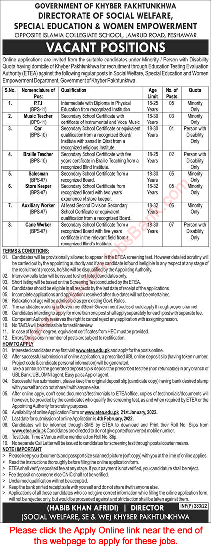 Directorate of Social Welfare KPK Jobs 2022 ETEA Apply Online Auxiliary / Cane Worker & Others Latest