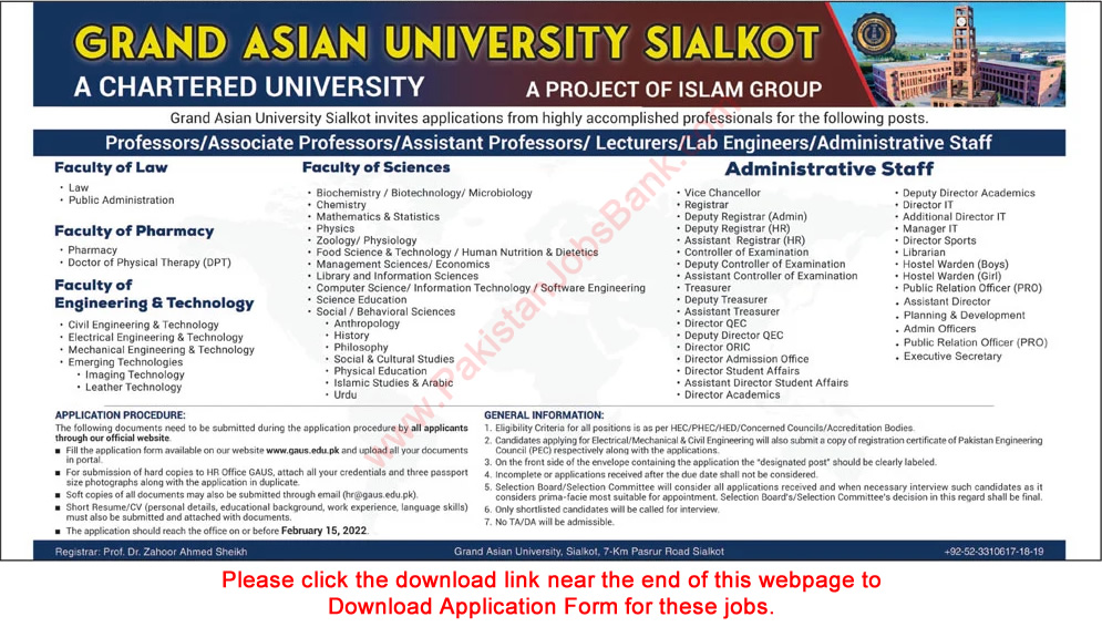 Grand Asian University Sialkot Jobs 2022 January Application Form Teaching Faculty & Others Latest