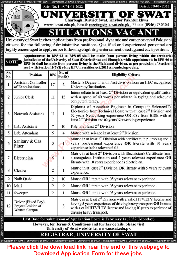 University of Swat Jobs 2022 January / February Application Form Clerk, Lab Assistant & Others Latest