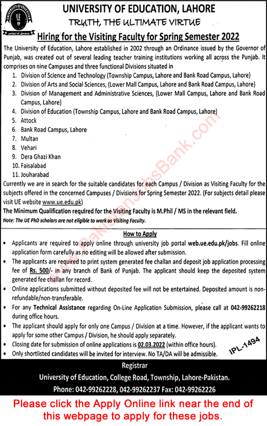 Visiting / Teaching Faculty Jobs in University of Education Lahore 2022 February Apply Online Latest