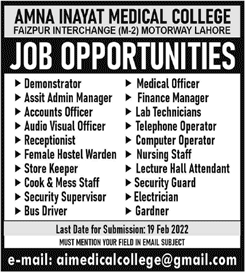 Amna Inayat Medical College Lahore Jobs 2022 February Medical Officers, Lab Technicians & Others Latest
