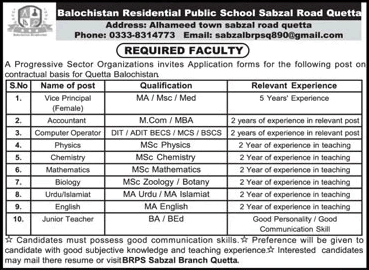Balochistan Residential Public School Quetta Jobs 2022 February Teachers & Others Latest