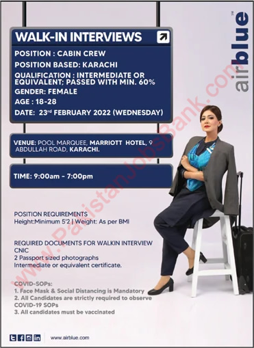 Airhostess Jobs in Air Blue 2022 February Walk in Interview Female Cabin Crew Latest