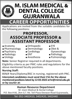 M Islam Medical and Dental College Gujranwala Jobs 2022 February Teaching Faculty & Nursing Staff Latest