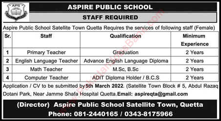 Teaching Jobs in Quetta February 2022 at Aspire Public School Satellite Town Latest