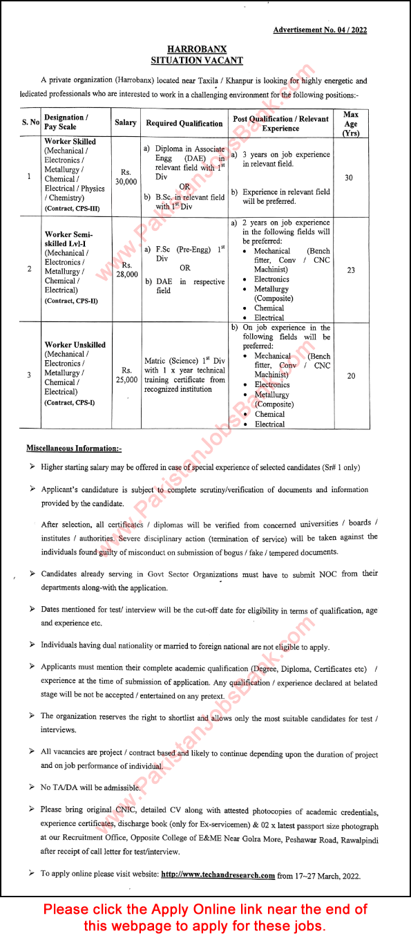 www.techandresearch.com Jobs 2022 March Online Application Form NESCOM Harrobanx Taxila / Khanpur Latest