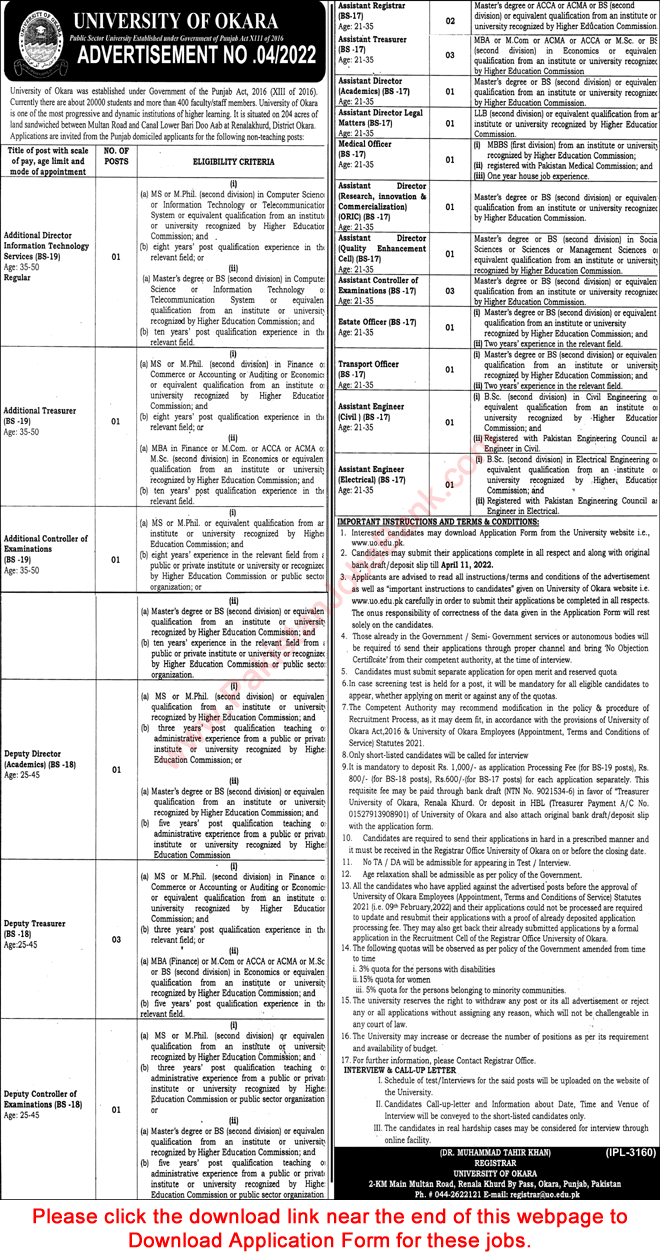 University of Okara Jobs March 2022 Application Form Assistant Directors & Others Latest