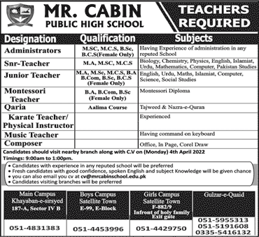 Mr Cabin Public High School Rawalpindi Jobs 2022 April Teachers & Others Latest