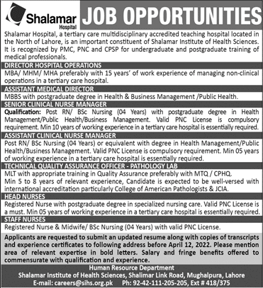 Shalamar Hospital Lahore Jobs 2022 April Nurses, Nursing Manager & Others Latest