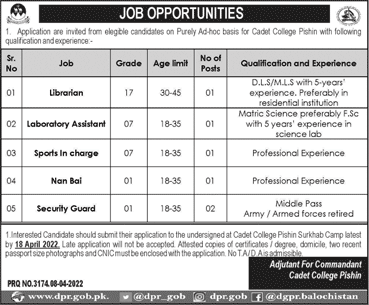Cadet College Pishin Jobs April 2022 Lab Assistant, Librarian & Others Latest