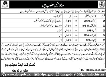 District and Session Court Makran Turbat Jobs 2022 April Clerks, Naib Qasid & Others Latest
